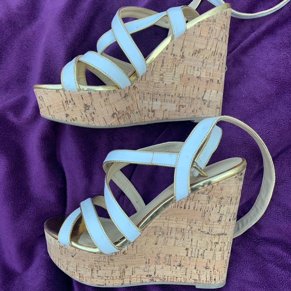 White and gold cork wedge heels size 8/9